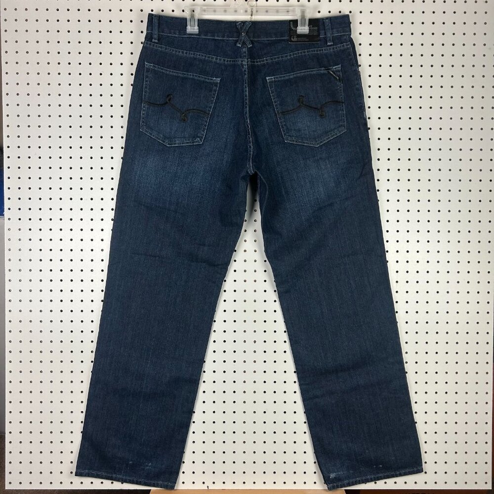 LRG Y2K Baggy Blue Jeans 38x34 Embroidered Pocket Wide Leg‎ Dark Wash Skate Punk